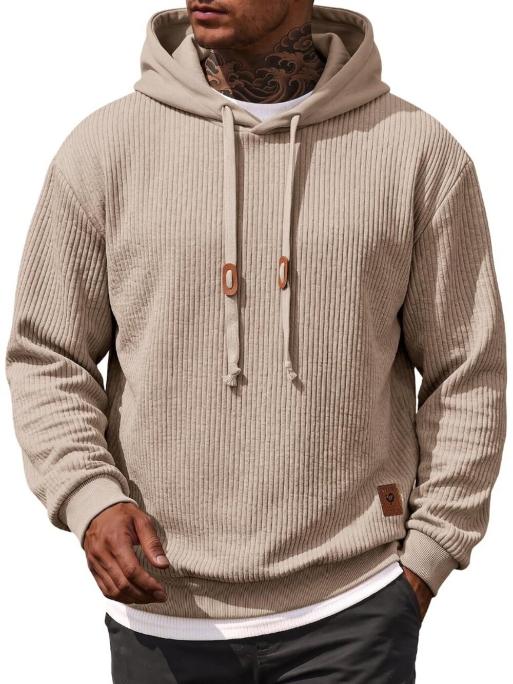 Coofandy Men's Khaki Long Sleeve Adjustable Drawstring Pullover Hoodies